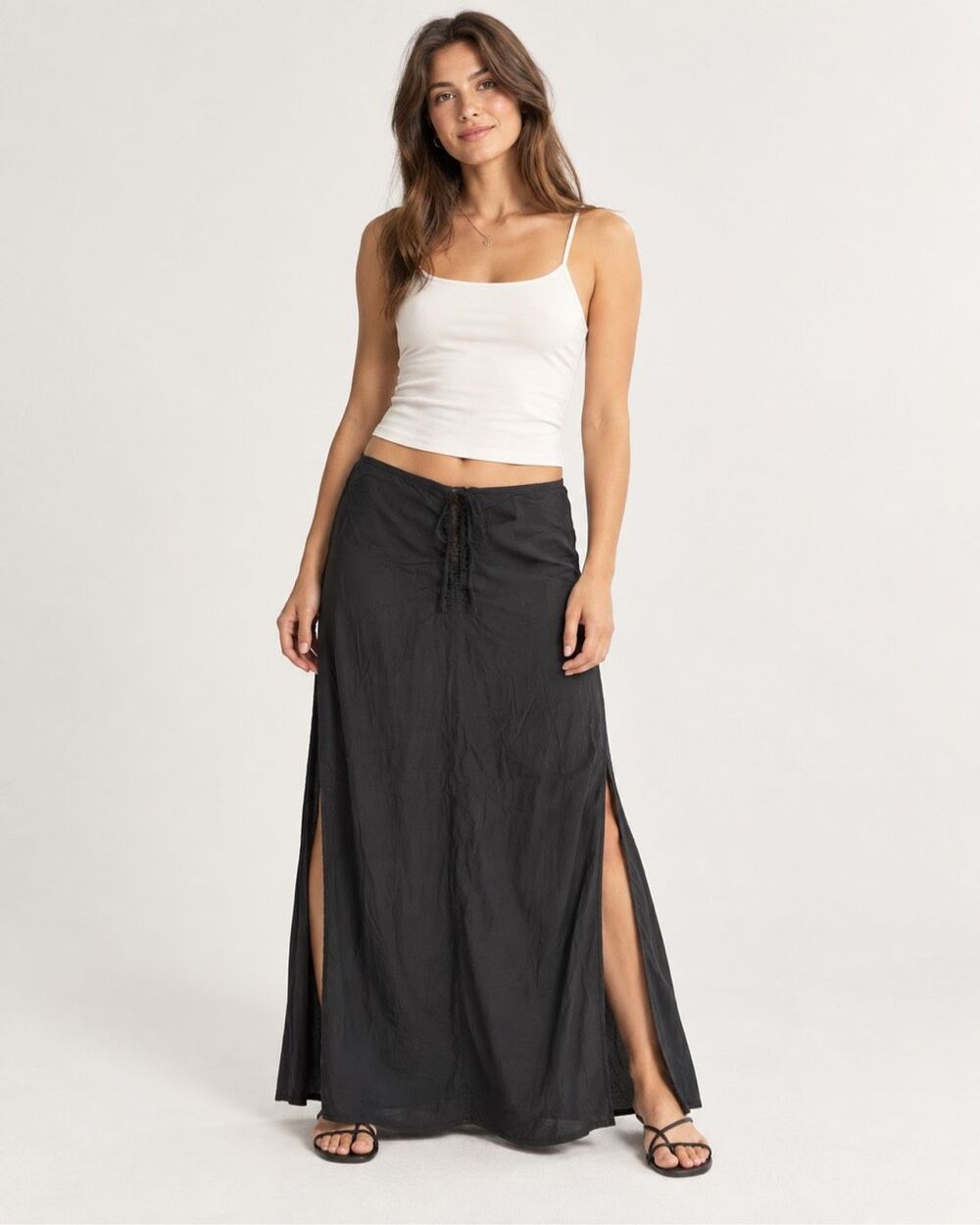 American Eagle Black Maxi Skirt XXL NEW Ruched Tie Front Side Slits Goth Boho